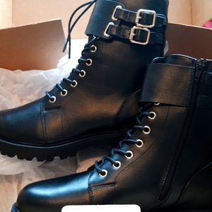 Asos black wide fit lace up combat style boots with gold hardware. Size UK7.